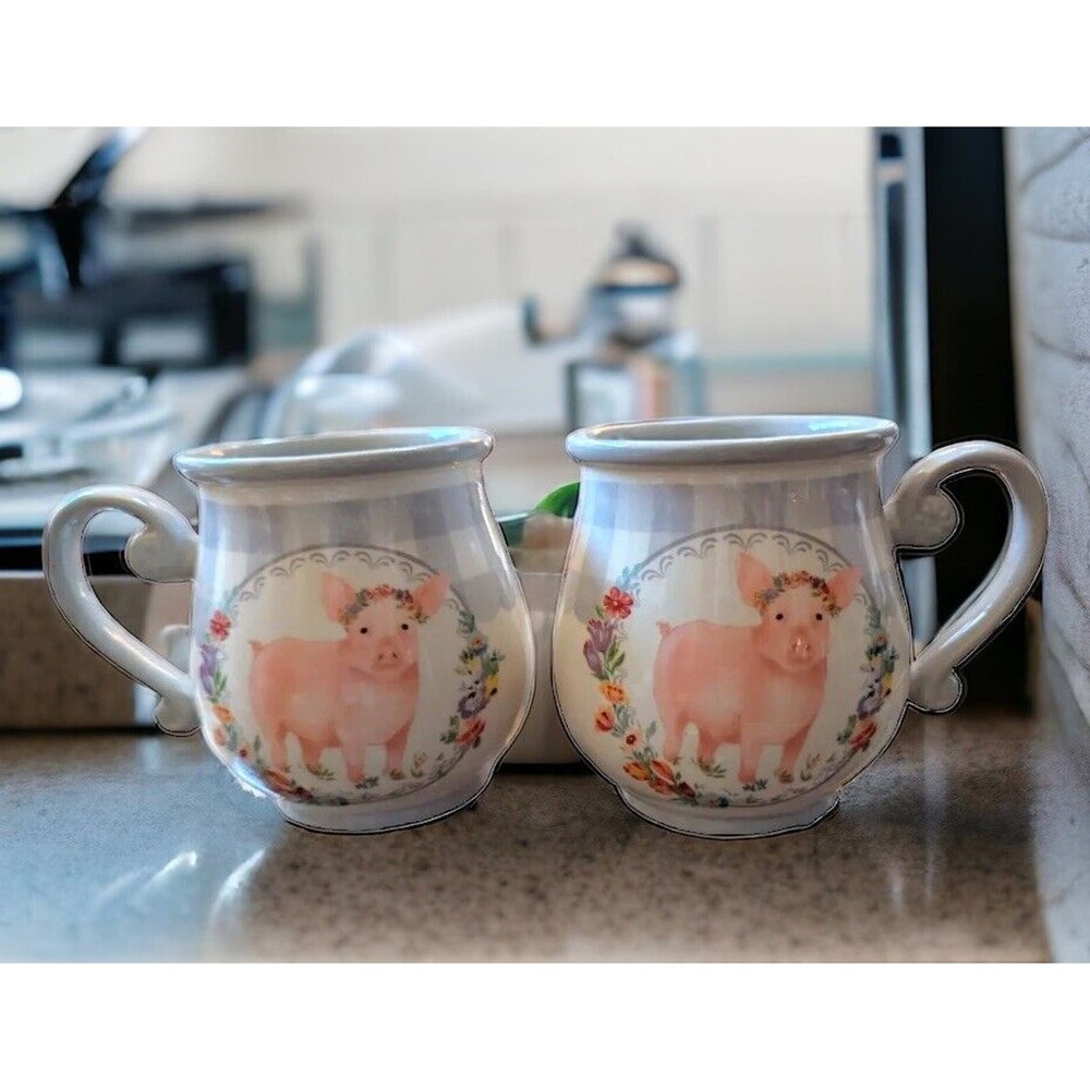 Pioneer Woman Plaid Pig Coffee Cup Mug Gray White Gingham Farmhouse Flowers Set